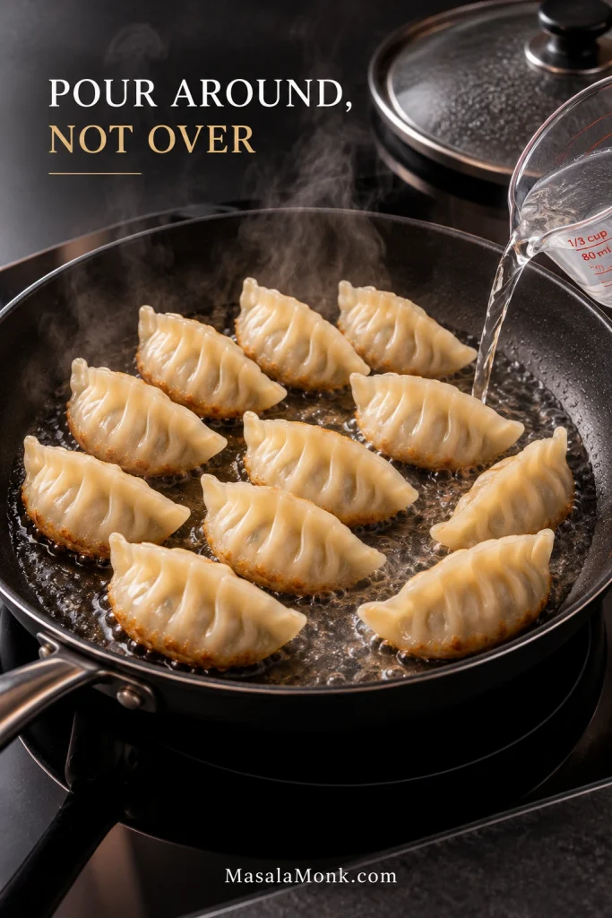 Hot water being poured into open spaces around pale gyoza in a nonstick skillet rather than directly over the dumpling tops.