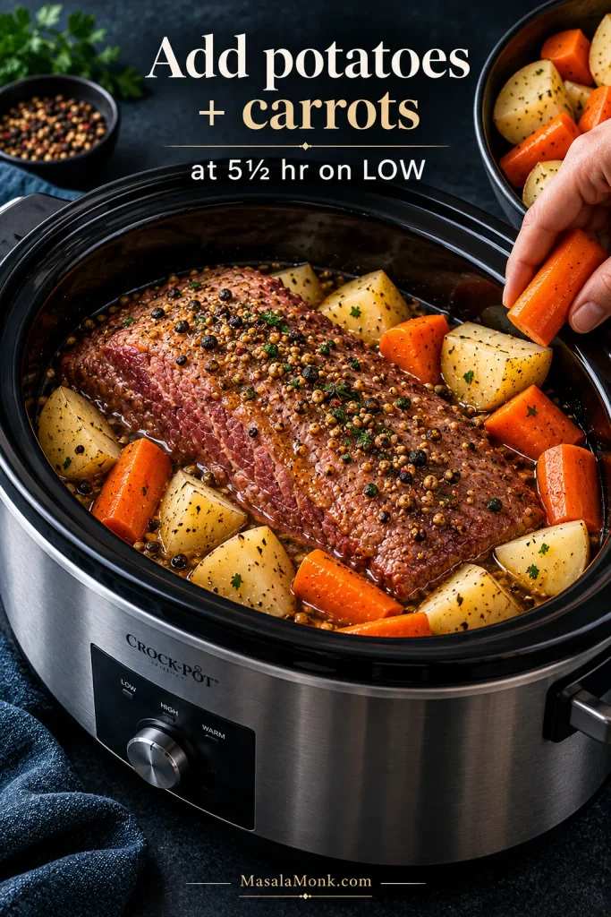 Large potato and carrot pieces being added around a partially cooked whole corned beef brisket in a slow cooker.