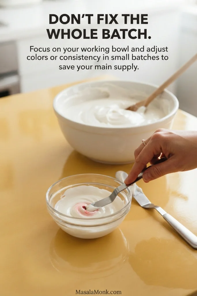 Small bowl of pale pink royal icing being adjusted beside a larger bowl of thick white icing.