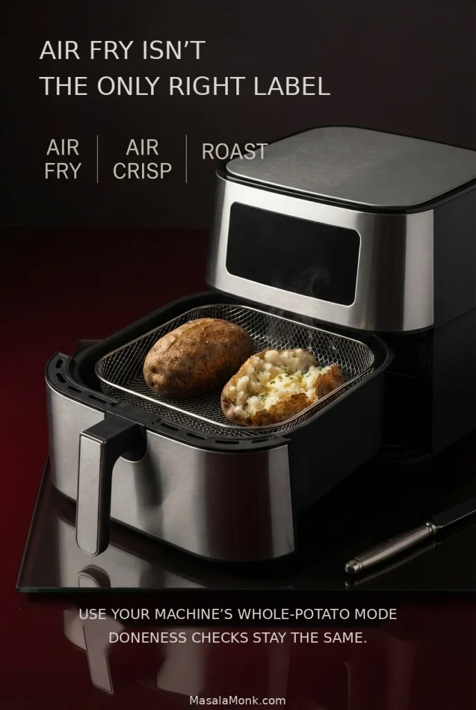 Whole Russet potato inside an open black-and-stainless air fryer with Air Fry, Air Crisp and Roast shown as possible whole-potato cooking modes.