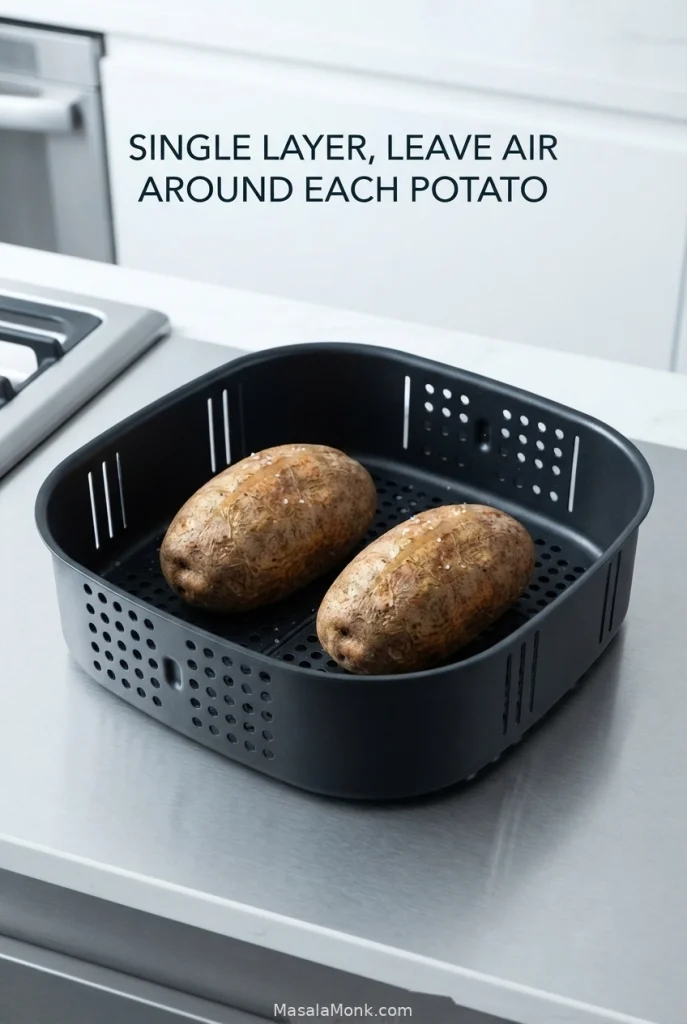 Two lightly oiled and salted Russet potatoes spaced apart in a perforated black air-fryer basket with open basket surface around them.