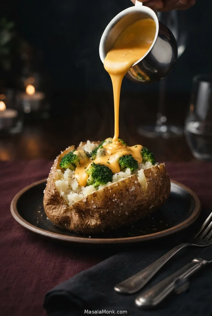 Split baked Russet filled with green broccoli florets as golden cheese sauce is poured over the fluffy pale center, leaving part of the crisp brown skin visible.