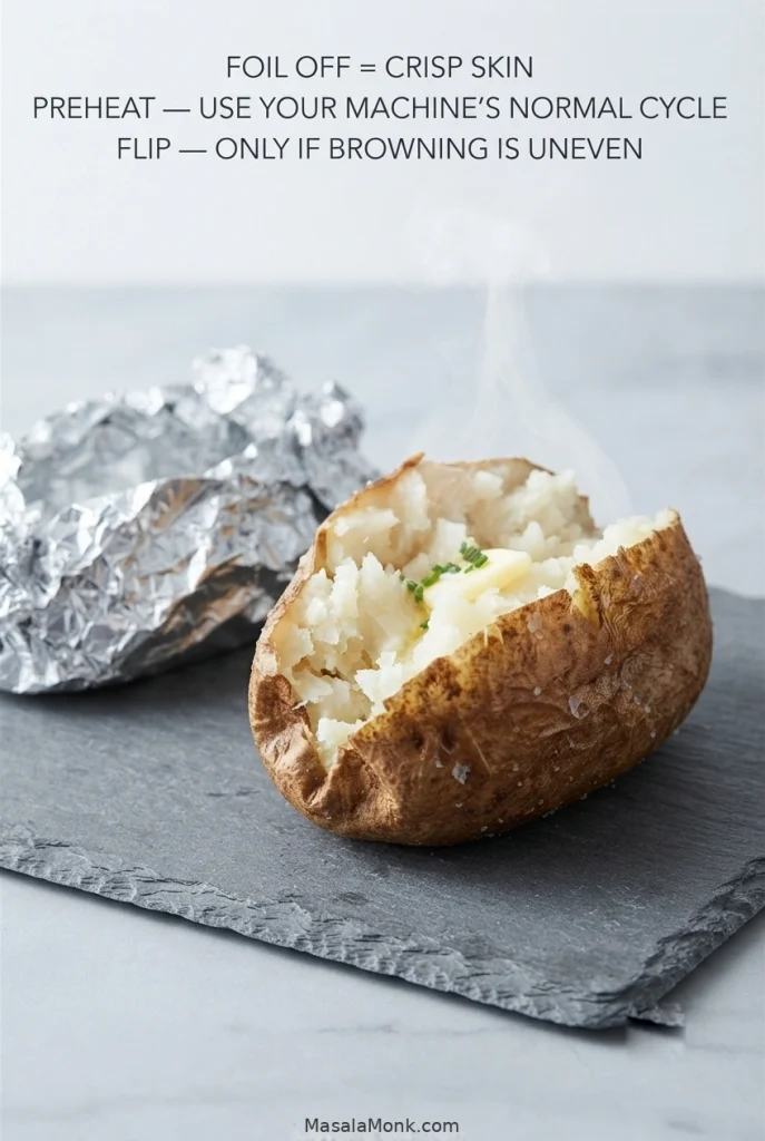 Cooked Russet with dry browned salted skin beside loose aluminum foil, with guidance to leave foil off, use the normal preheat cycle and flip only for uneven browning.