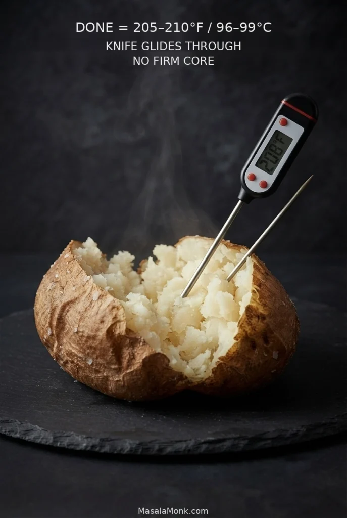 Split baked Russet with fluffy pale flesh and crisp brown skin as an instant-read thermometer probe reaches the center and displays 208°F.
