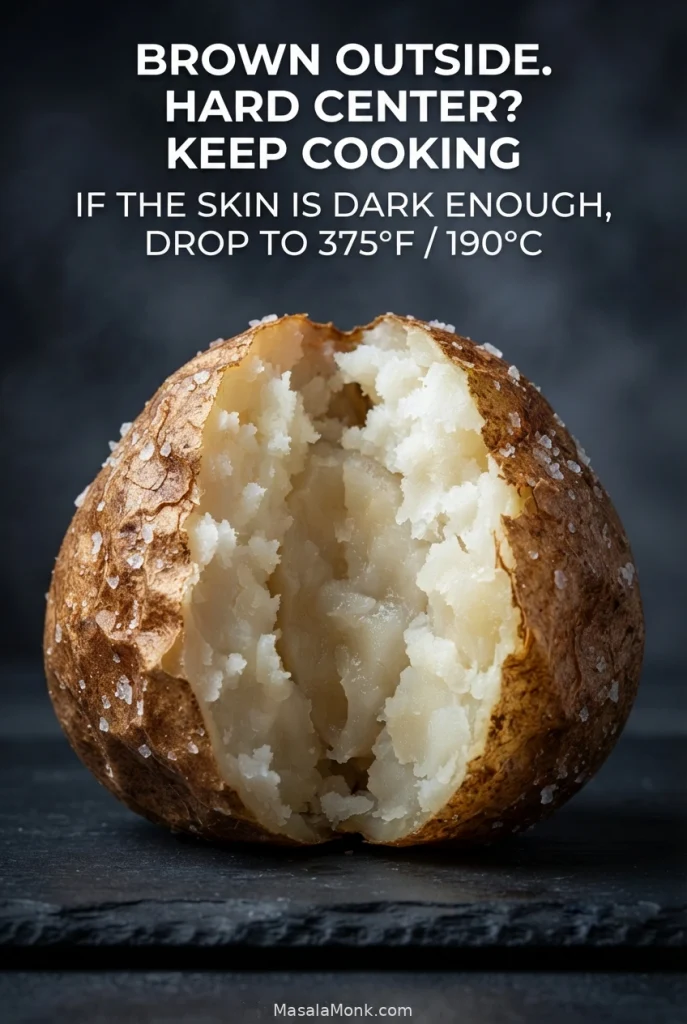 Cut baked Russet with browned skin and fluffy outer flesh surrounding a denser, slightly translucent undercooked core in the center.
