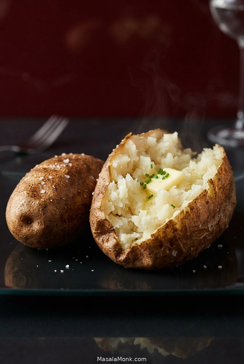 One whole air-fried Russet beside a split potato showing fluffy pale flesh, melting butter and chives inside browned, salted skin.