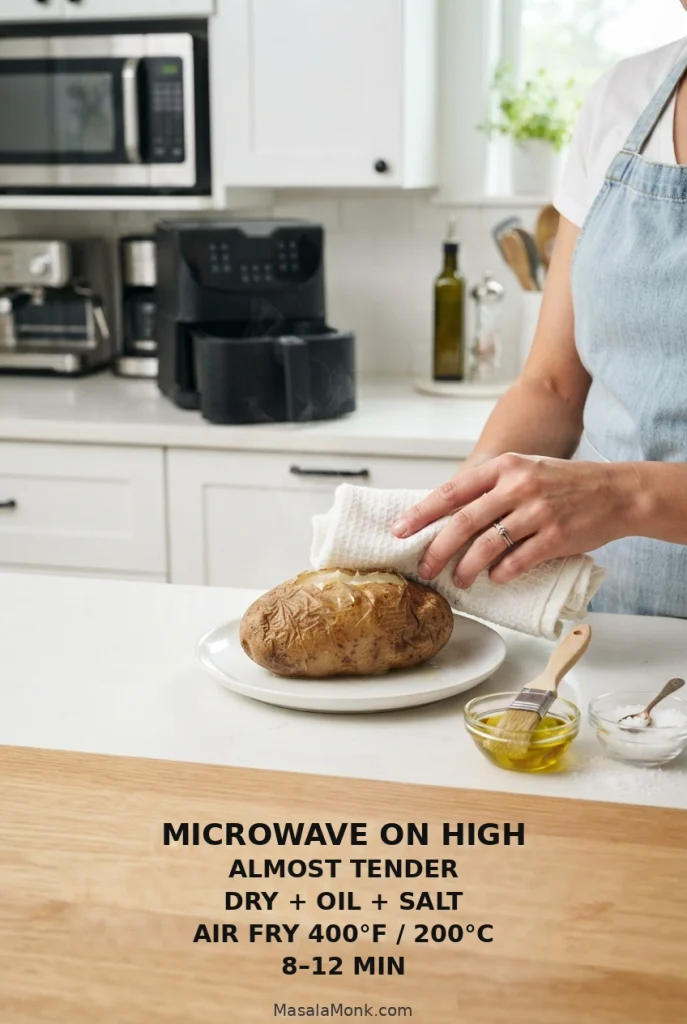 Hand blotting a microwaved Russet potato dry on a white plate, with a microwave behind it, oil and salt nearby, and an open air fryer ready for finishing.
