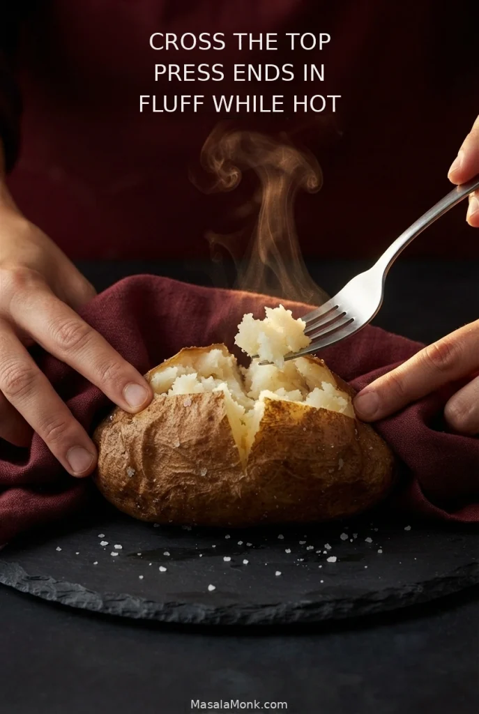 Hands protected by a folded towel press the ends of a hot baked Russet inward while a fork fluffs the pale center through a shallow cross cut.