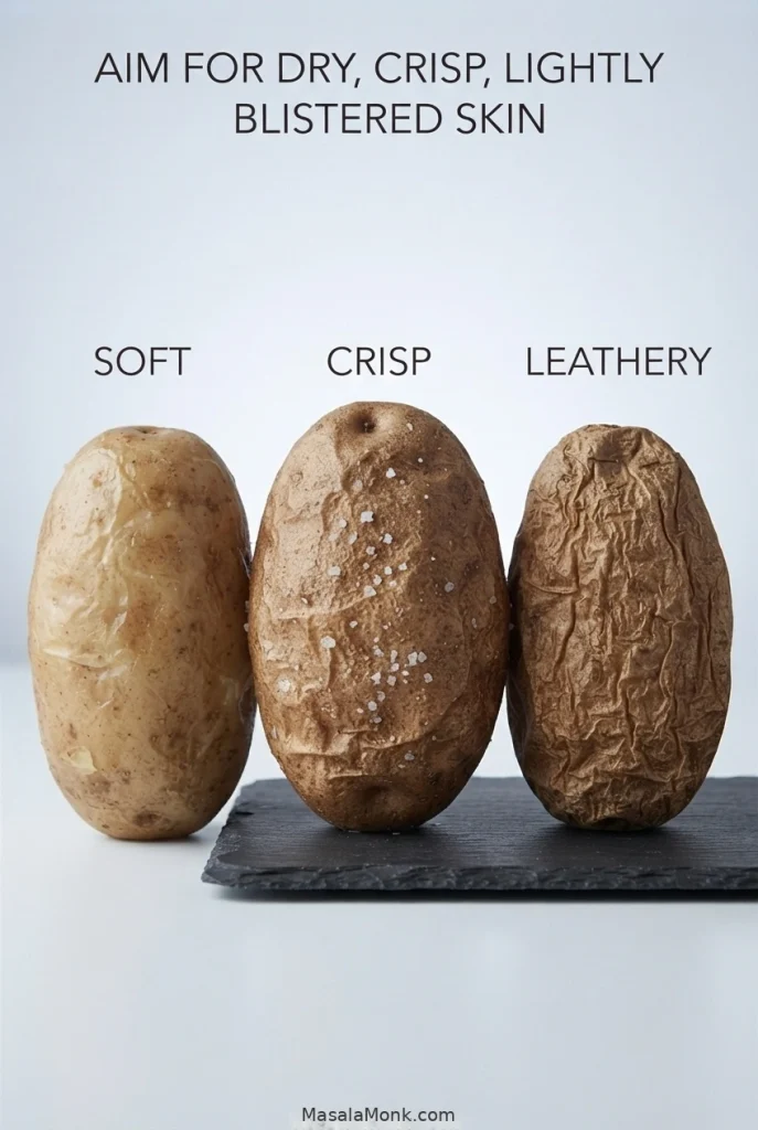 Three cooked Russet potatoes labeled Soft, Crisp and Leathery, showing moist smooth skin, dry lightly blistered skin and deeply wrinkled over-dry skin.