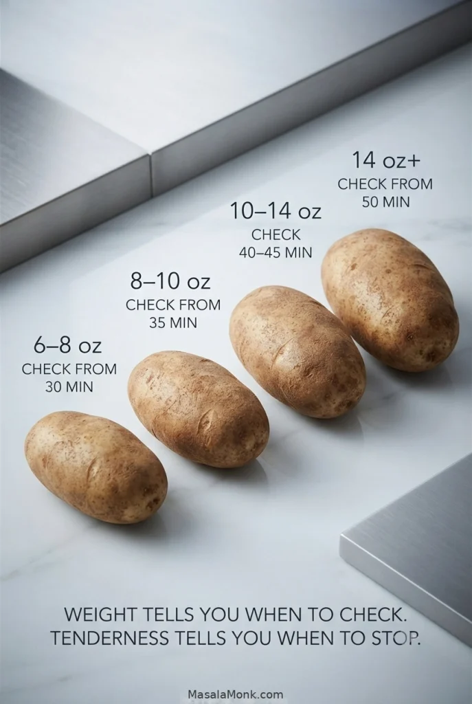 Four raw Russet potatoes increasing in size, labeled 6–8 oz with a 30-minute check, 8–10 oz at 35 minutes, 10–14 oz at 40–45 minutes, and 14 oz plus at 50 minutes.