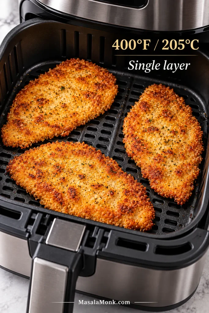 Three breaded chicken cutlets spaced apart in a single layer inside an air fryer basket at 400°F or 205°C.