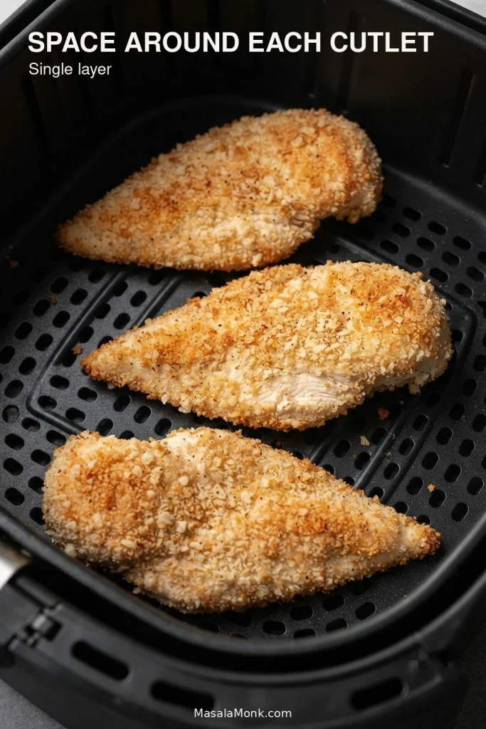 Three breaded chicken breast cutlets arranged separately with visible gaps in a perforated black air fryer basket.
