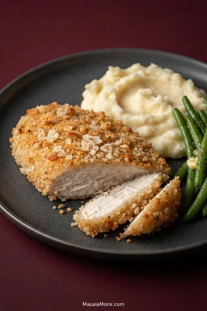 Crispy breaded chicken breast served with creamy mashed potatoes and green beans on a dinner plate.