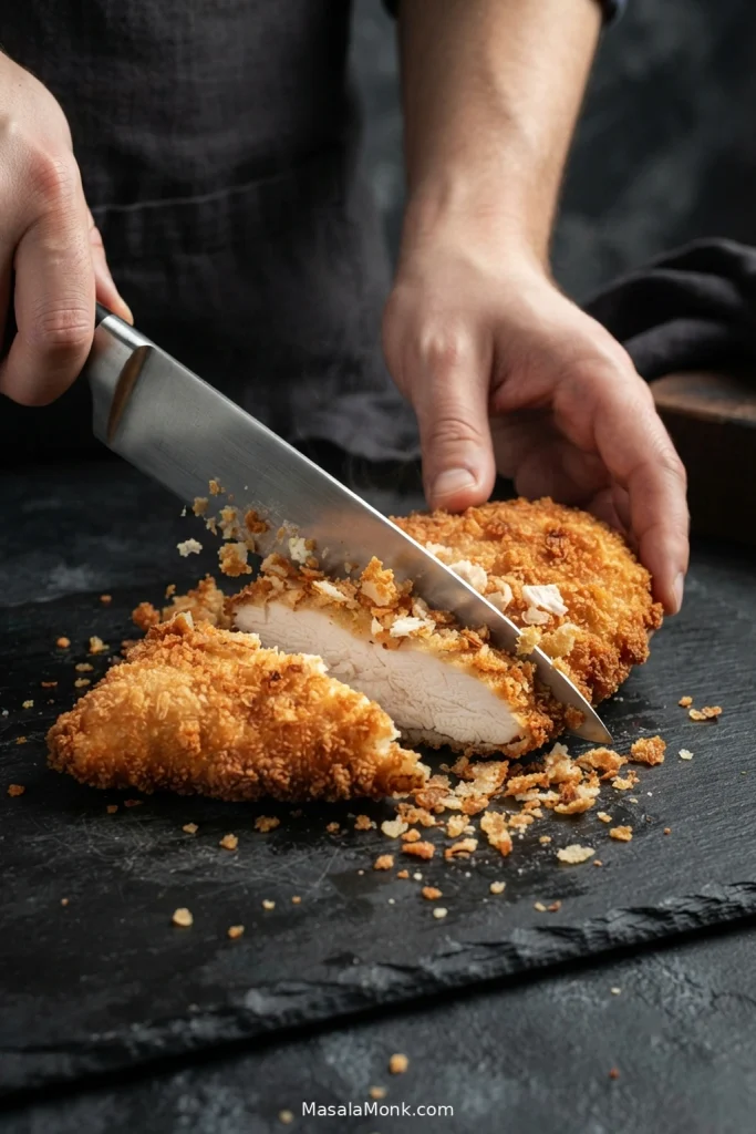 Knife cutting through golden breaded chicken breast as a few crisp crumbs break away and moist white meat is exposed.