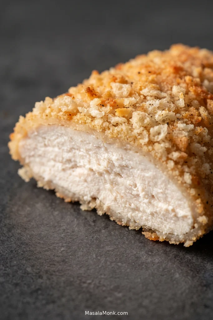 Macro view of sliced chicken breast showing moist white meat surrounded by a thin golden breadcrumb-and-panko crust.