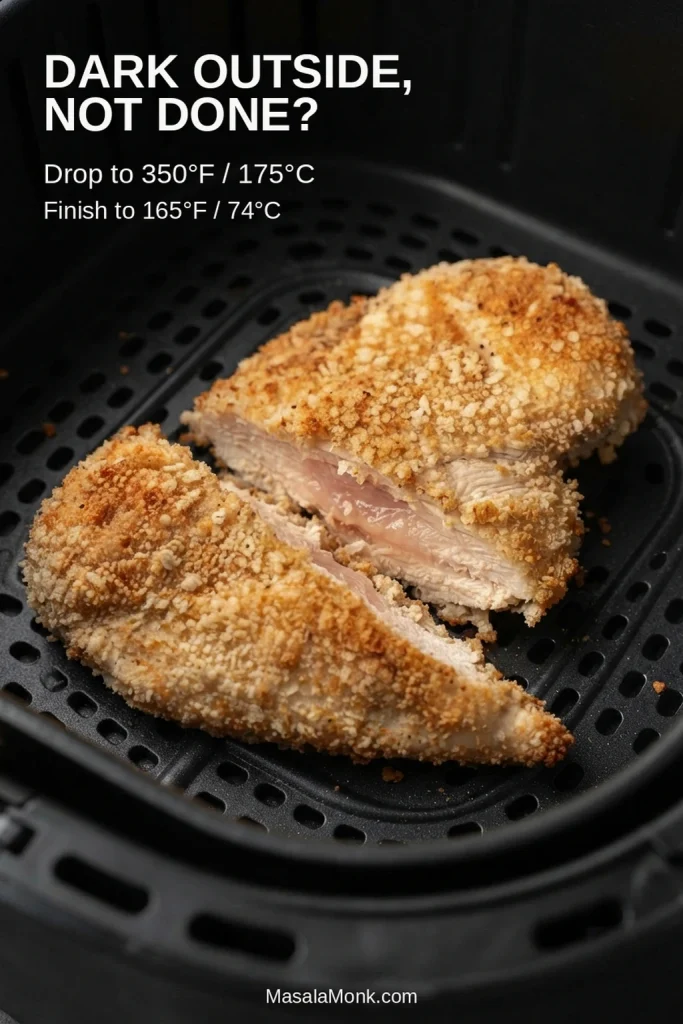 Breaded chicken breast with a deeply browned crust and an underdone-looking center, shown as a troubleshooting example.
