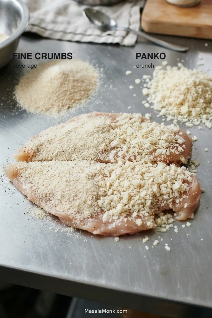 Breaded raw chicken breast beside fine dry breadcrumbs and larger irregular panko breadcrumbs.