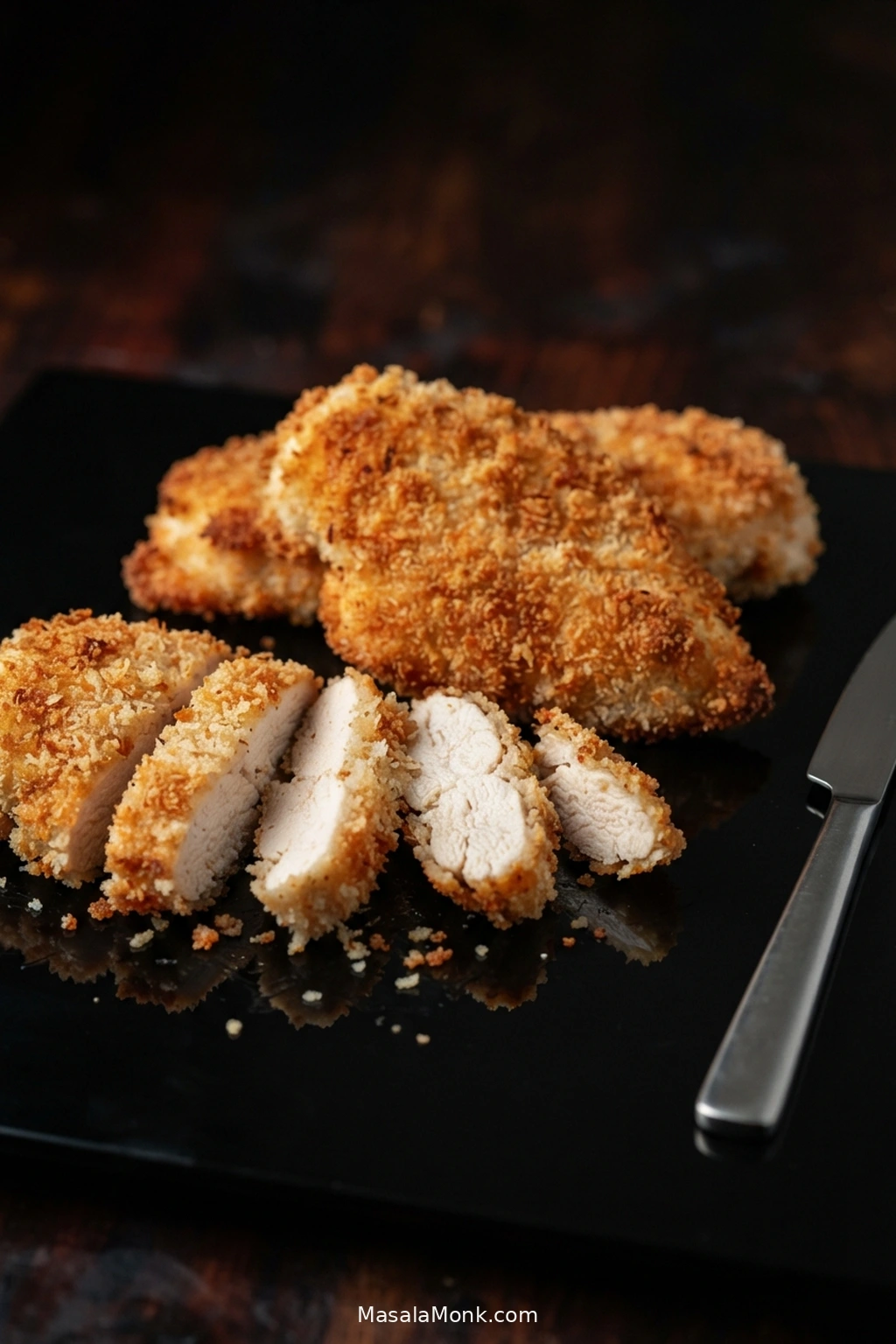 Three golden breaded chicken breast cutlets on a dark surface, with the front cutlet sliced to reveal moist white chicken inside.