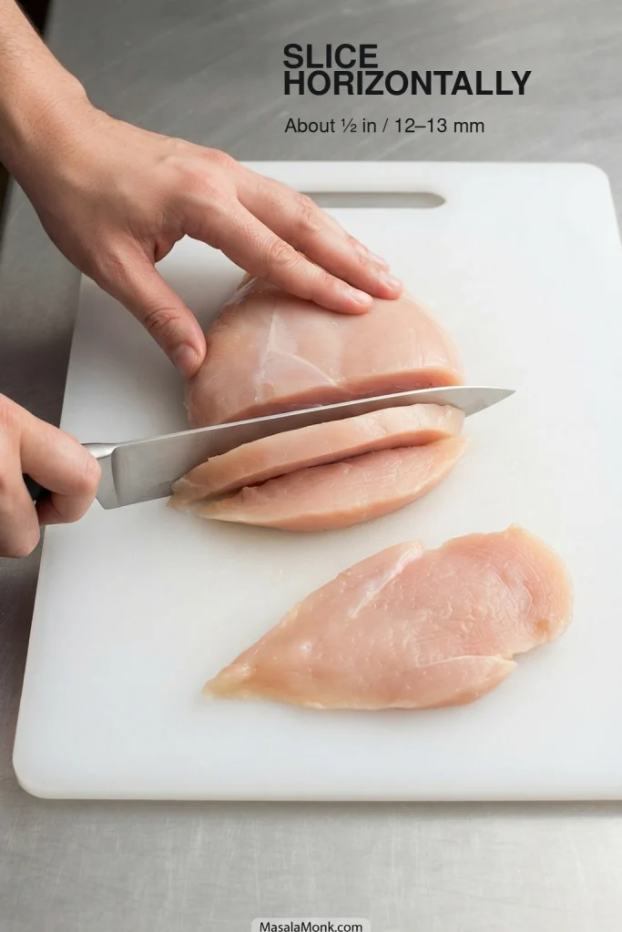 Raw boneless chicken breast being sliced horizontally into a broad, thin cutlet.