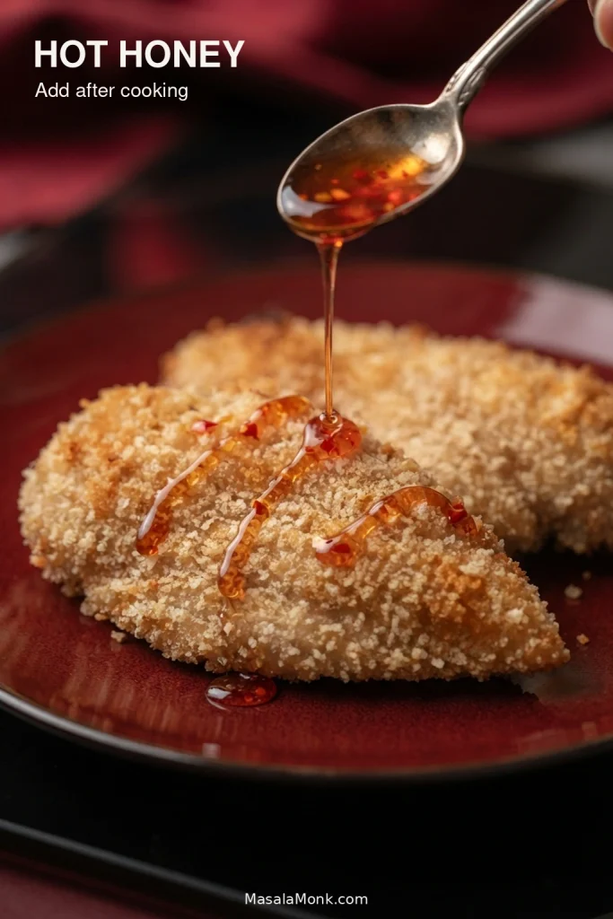 Golden breaded chicken breast with narrow ribbons of amber-red hot honey and small chile flecks.