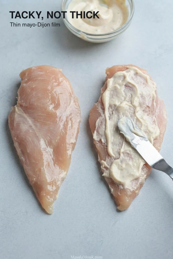 Raw chicken breast cutlets coated with a thin pale mayo-Dijon layer, with excess coating being scraped from one piece.