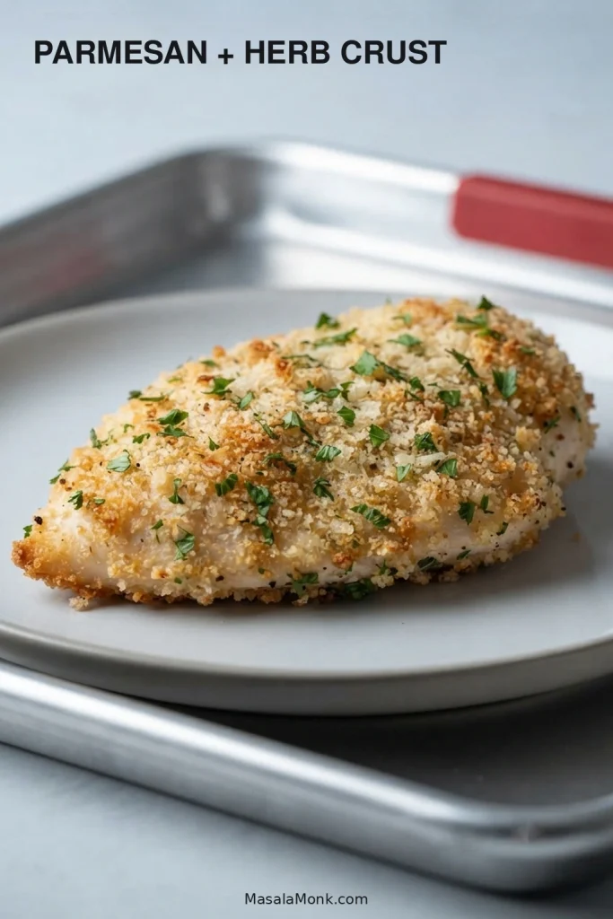 Golden breaded chicken breast with Parmesan incorporated into the crust and a light scattering of green herb flecks.