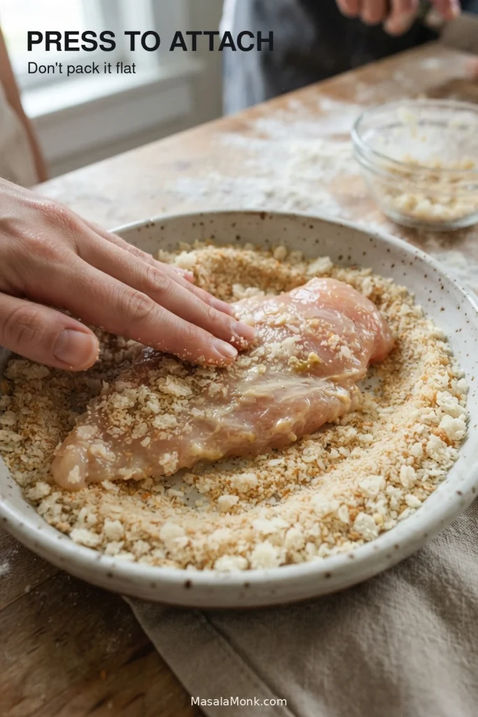 Hands gently pressing a thin chicken breast cutlet into a mixture of fine breadcrumbs and panko.