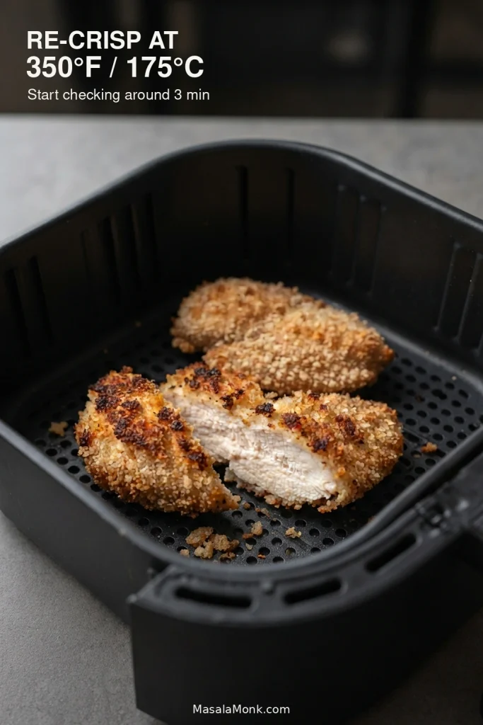 Previously cooked breaded chicken breast reheating in an air fryer, with a sliced piece showing cooked white meat.