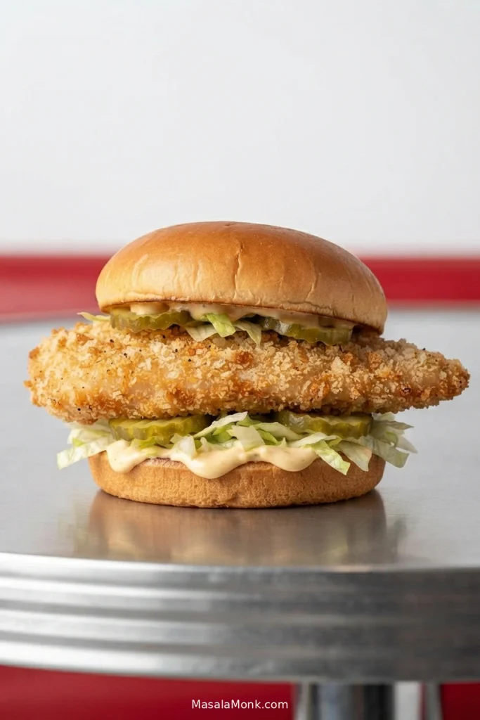 Crispy breaded chicken breast sandwich on a soft bun with lettuce, pickle slices and a small amount of creamy sauce.