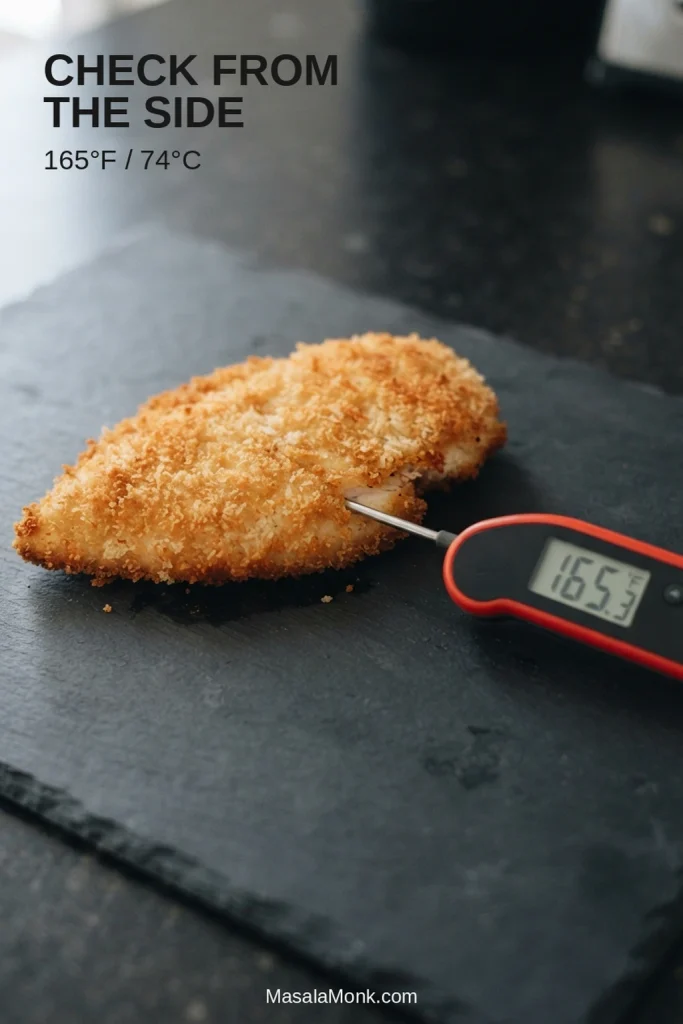 Digital instant-read thermometer inserted horizontally through the side of a thin breaded chicken breast cutlet.