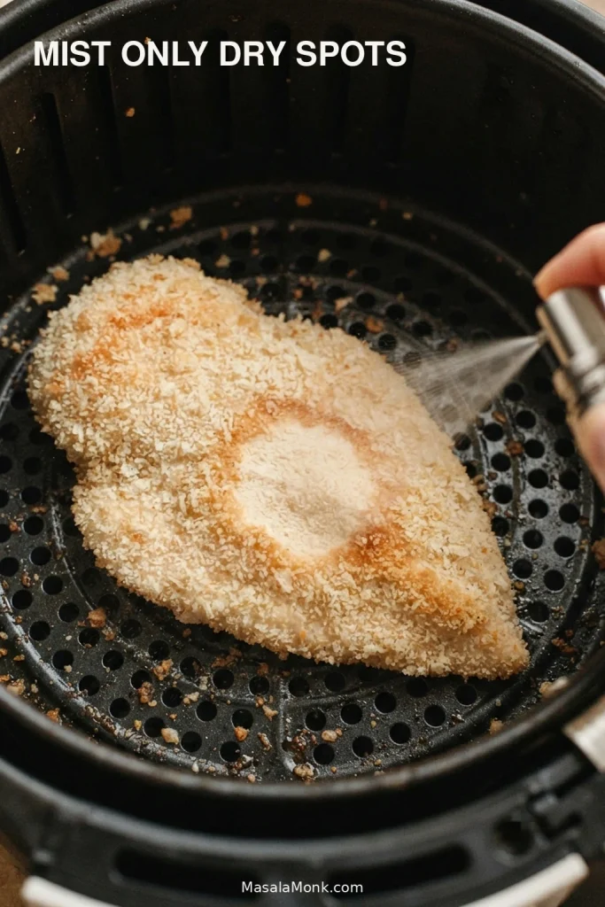 Fine oil mist aimed at a pale, dry patch of breading on a chicken breast cutlet inside an air fryer.