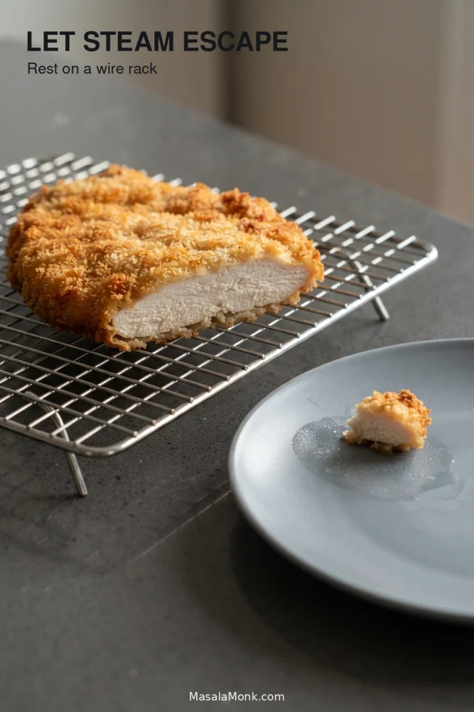 Golden breaded chicken breast resting above the surface on a wire rack, with a smaller piece resting directly on a plate nearby.