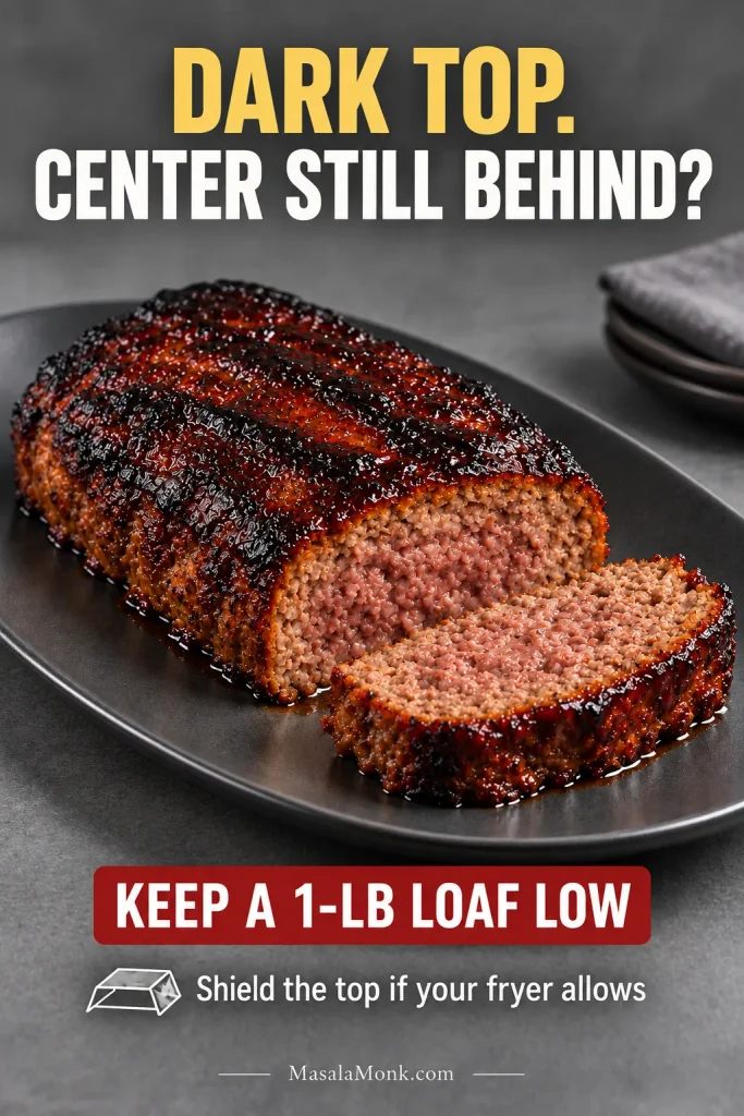 Darkly browned glazed meatloaf being checked with a thermometer in the center, showing an exterior that has browned before the middle has finished cooking.