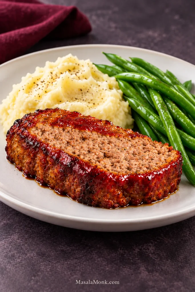 Slices of glazed meatloaf served on a dinner plate with creamy mashed potatoes and green beans.