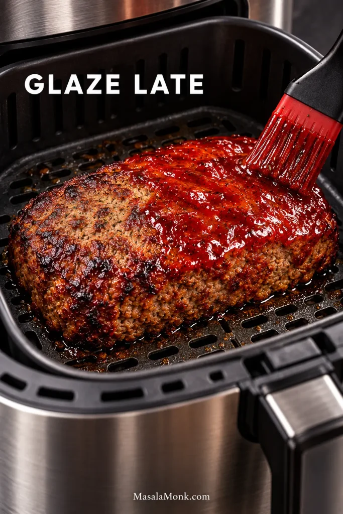 Partially cooked meatloaf in an air fryer being brushed with red ketchup glaze, with text instructing the cook to glaze late.