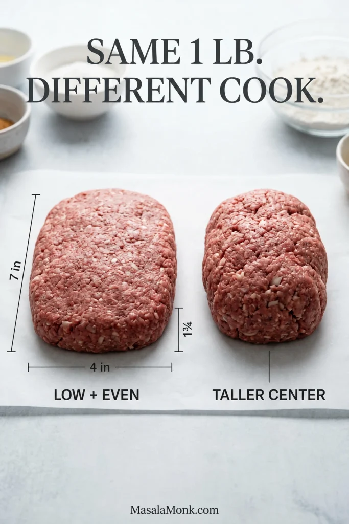 Side-by-side comparison of two raw one-pound meatloaves, one low and wide and the other taller, with text noting that the same weight can cook differently.
