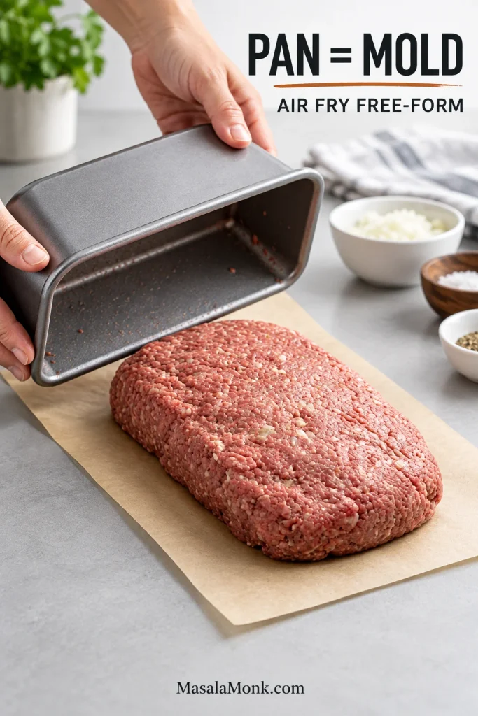 Raw meatloaf shaped in a loaf pan and then shown free-form, illustrating use of the pan as a mold before air frying.