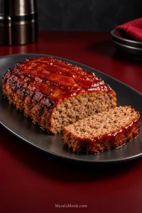 Glazed air fryer meatloaf on a dark plate with one thick slice cut from the front, showing browned edges and a moist ground-beef interior.