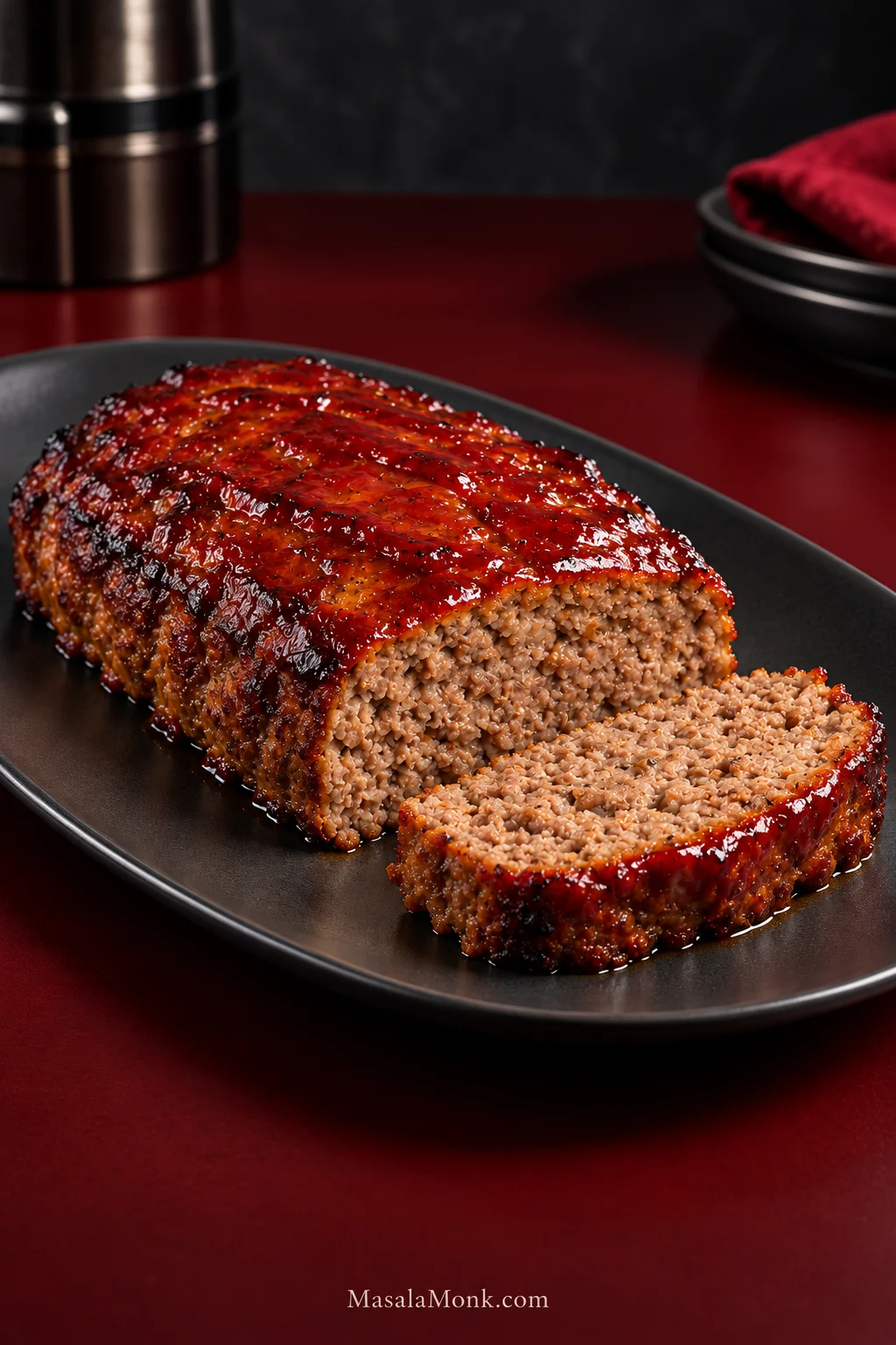 Glazed air fryer meatloaf on a dark plate with one thick slice cut from the front, showing browned edges and a moist ground-beef interior.