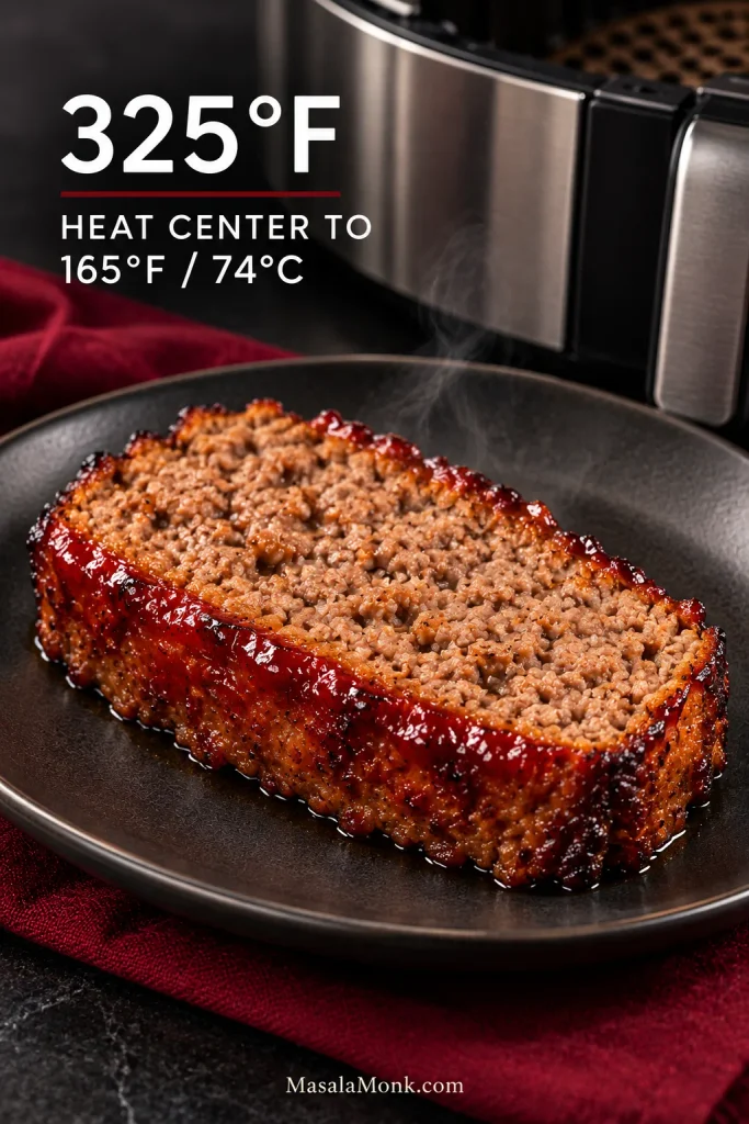 Single slice of leftover meatloaf reheating in an air fryer, with guidance showing 325 degrees Fahrenheit and a 165-degree Fahrenheit heated center.