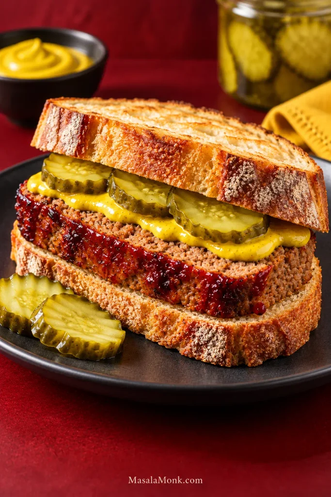 Meatloaf sandwich made with thick chilled meatloaf slices on sturdy bread with mustard and pickles.