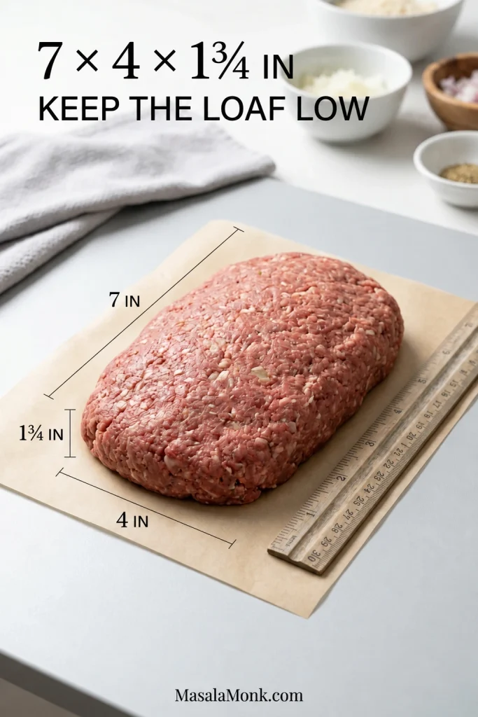 Raw one-pound meatloaf with measurement guides showing about 7 by 4 by 1¾ inches and text emphasizing a low loaf shape.