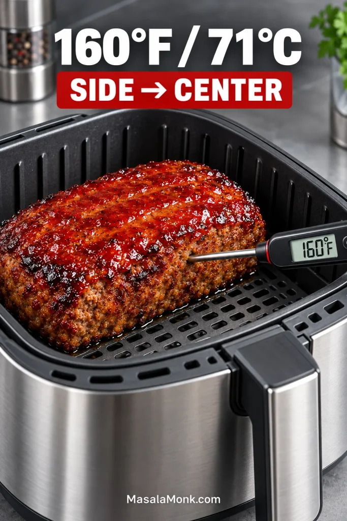 Instant-read thermometer inserted through the side of a glazed meatloaf toward the center, with the display reading 160 degrees Fahrenheit.