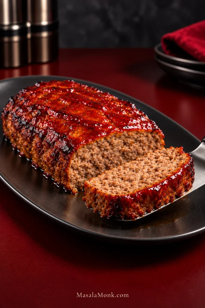 Close view of a thick glazed meatloaf slice showing an irregular, moist ground-beef crumb beneath the browned exterior.