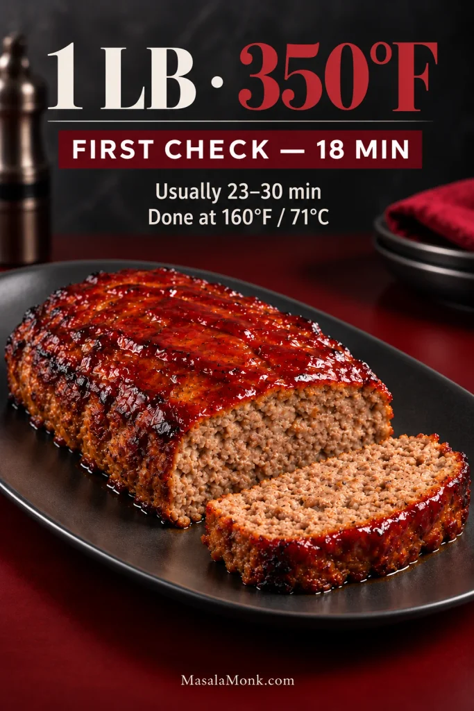 Finished glazed meatloaf with guidance showing 350 degrees Fahrenheit, an 18-minute first check, a typical 23-to-30-minute cooking range, and 160 degrees Fahrenheit for doneness.