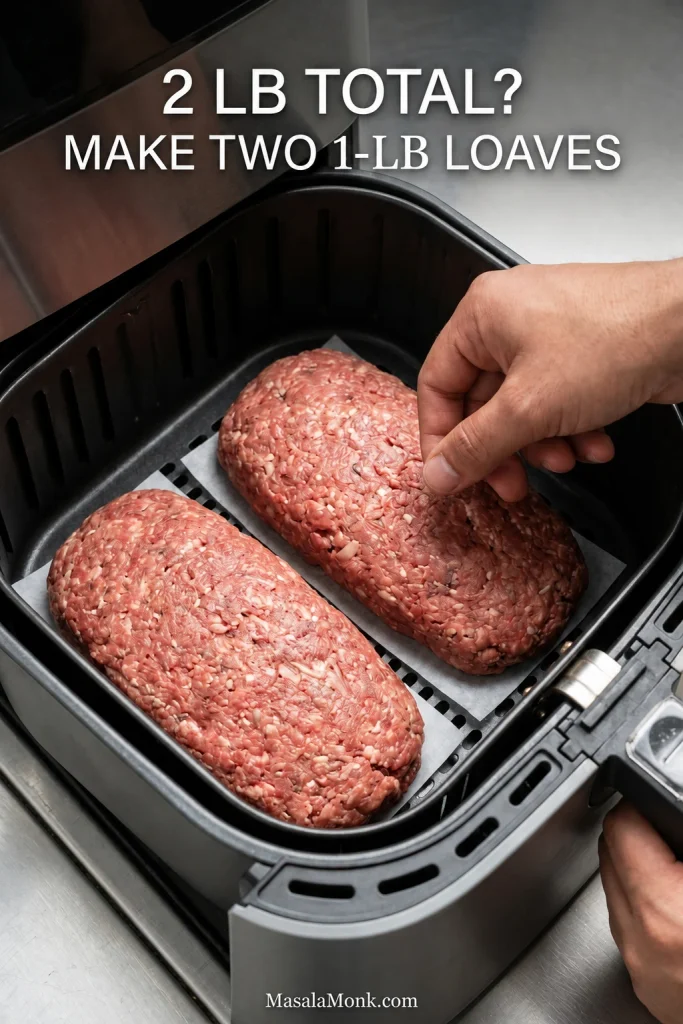 Two separate one-pound raw meatloaves arranged with open space between them in an air fryer basket, illustrating a two-pound batch divided into two loaves.