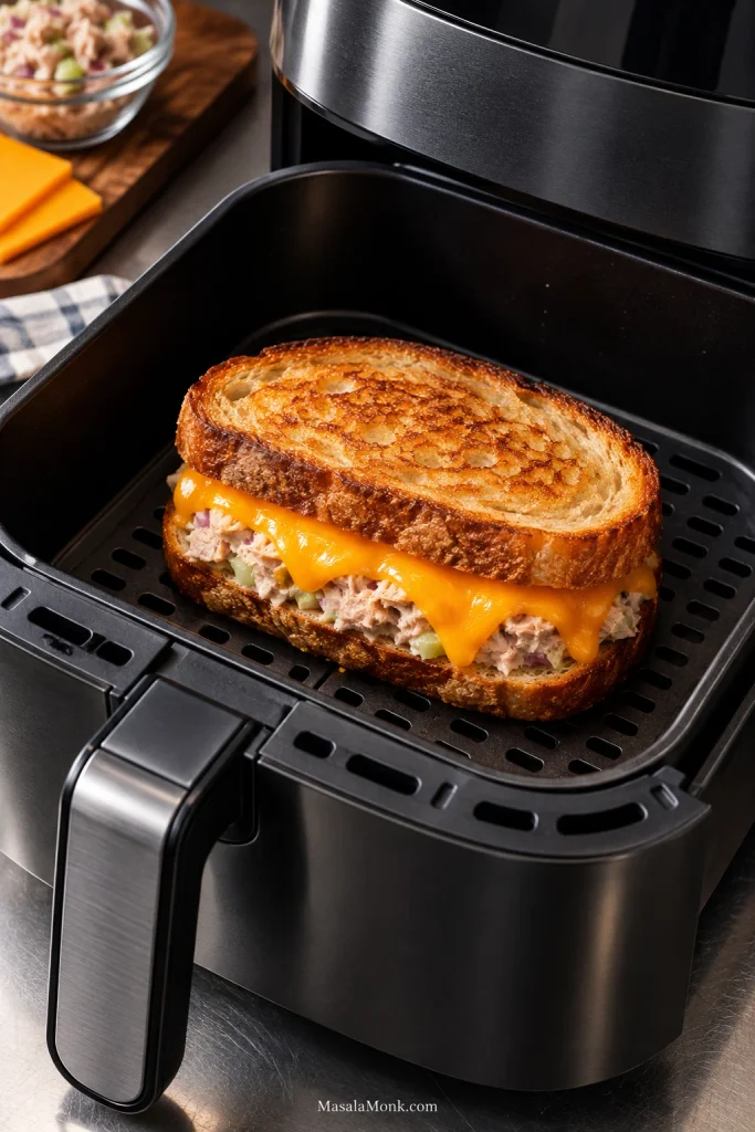 Closed tuna melt with golden bread and melted cheddar sitting inside an open black air-fryer basket.