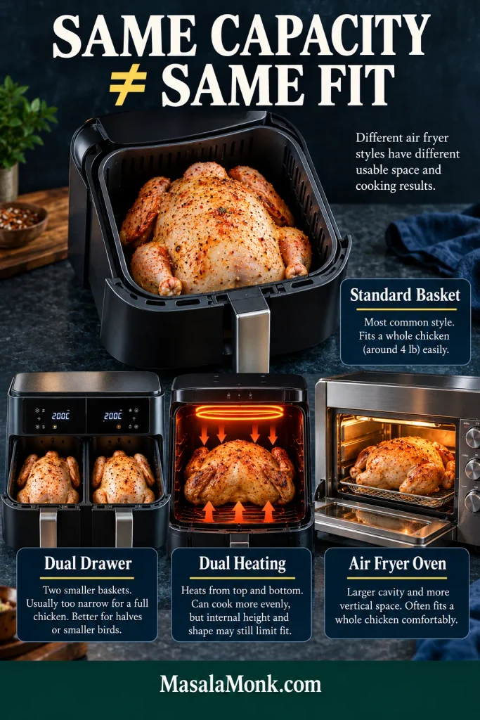 Standard basket, dual-drawer, dual-heating and air-fryer oven designs compared for usable whole-chicken cooking space.