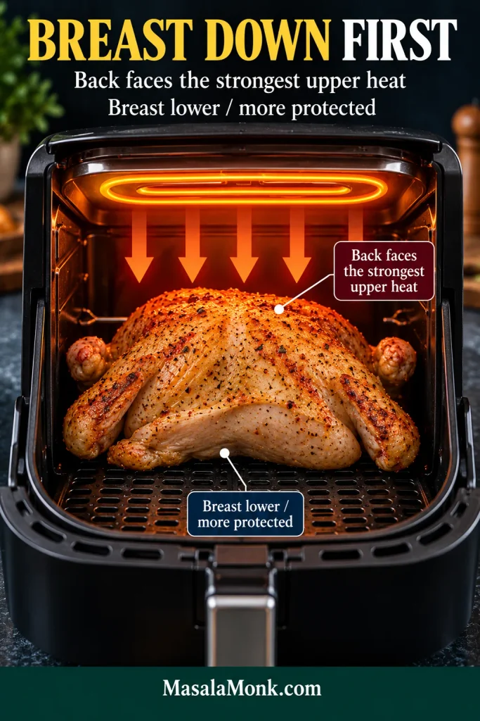 Whole chicken positioned breast-side down beneath an upper heating element, with heat arrows concentrated toward the exposed back.