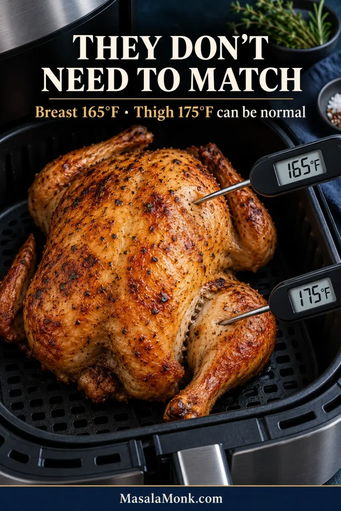Cooked whole chicken comparing a 165°F breast reading with a higher inner-thigh temperature in the 170s.